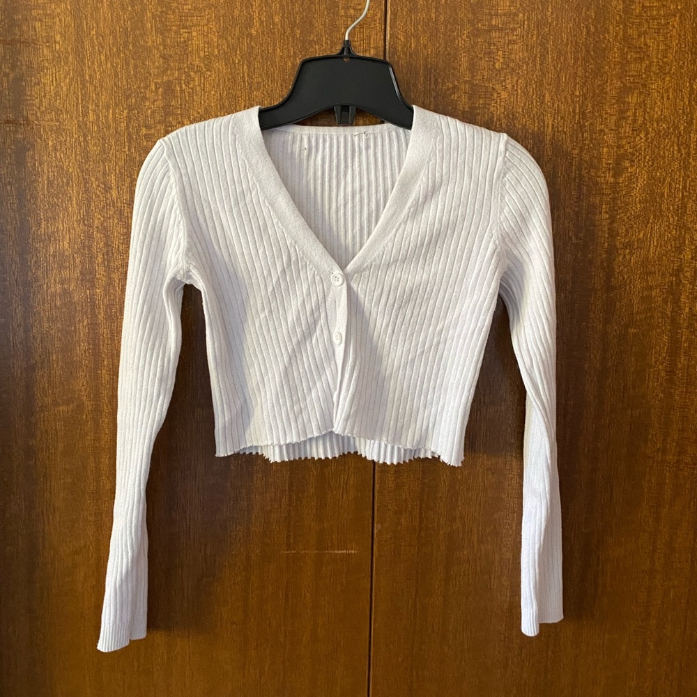 Forever 21 Ribbed White Raw Hem Cardigan Top Size XS